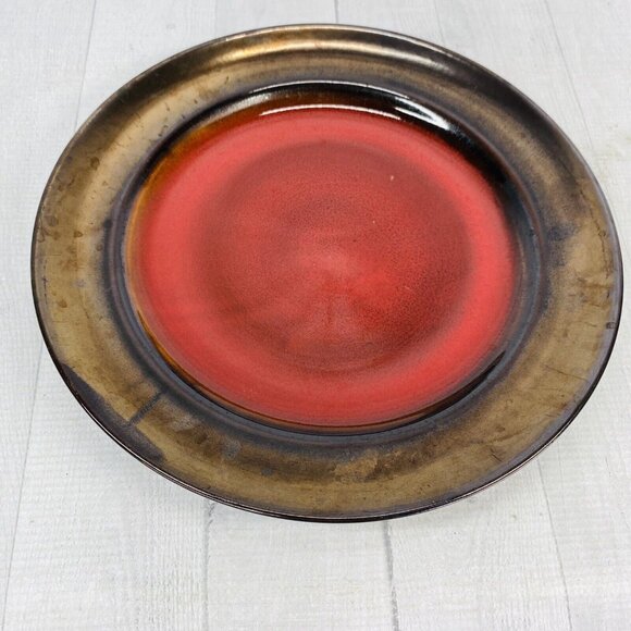 Over and Back Crackled Design Red Bronze Rim Round Ceramic Dinner Plates Set 4 - Picture 4 of 16
